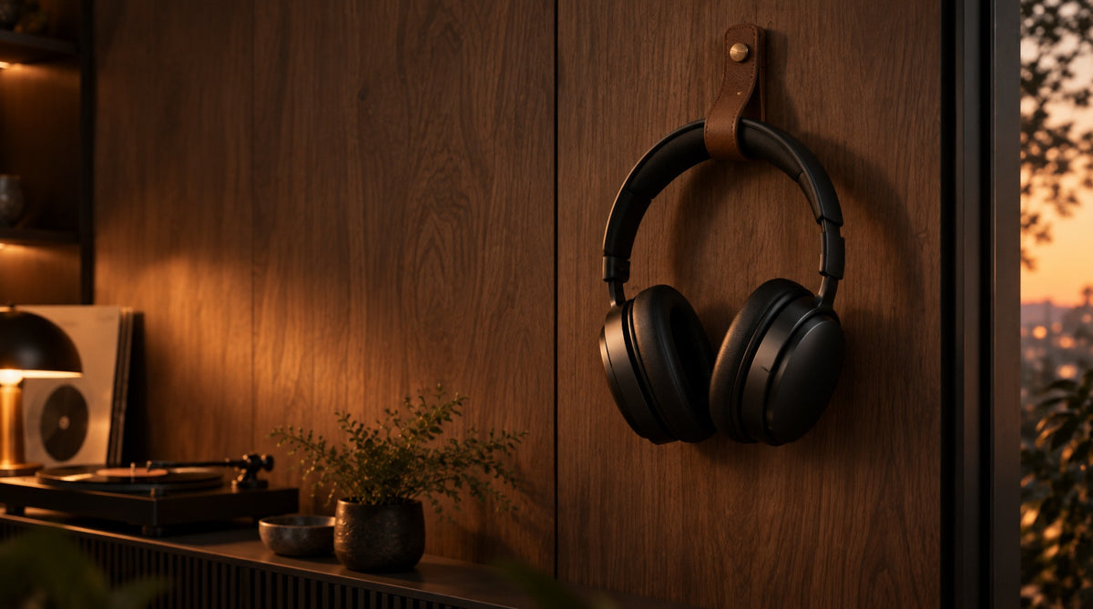 Black headphones hanging on a walnut wall