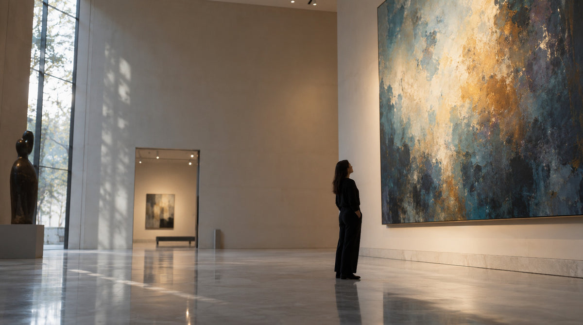 A person viewing a large painting in a museum